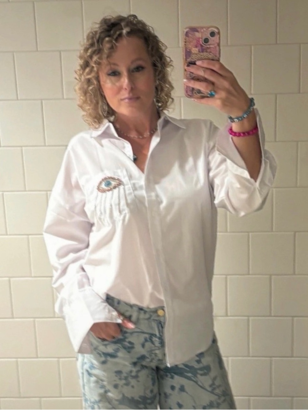 L.i.f.e white button up shirt with evil eye detail